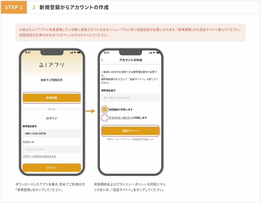 ふくアプリのアカウント新規登録の手順の画面